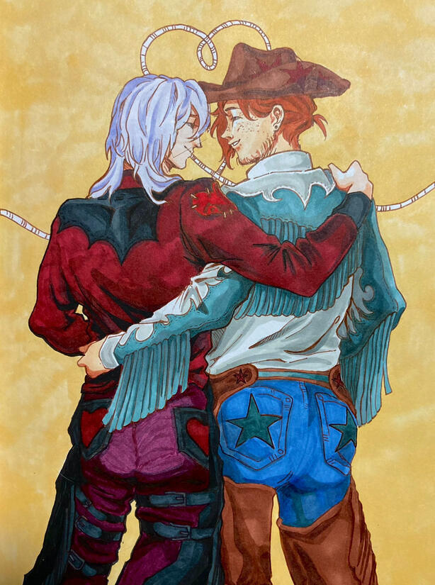 A marker and ink drawing of Yuri and Sylvain as cowboys.