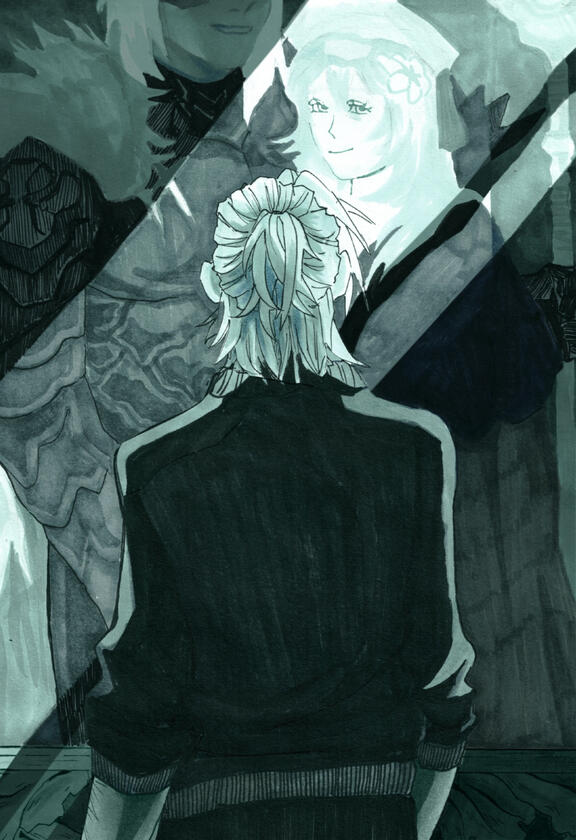 A marker drawing of Dimitri, in modern day clothes, looking up at a painting of King Dimitri and Archbishop Byleth