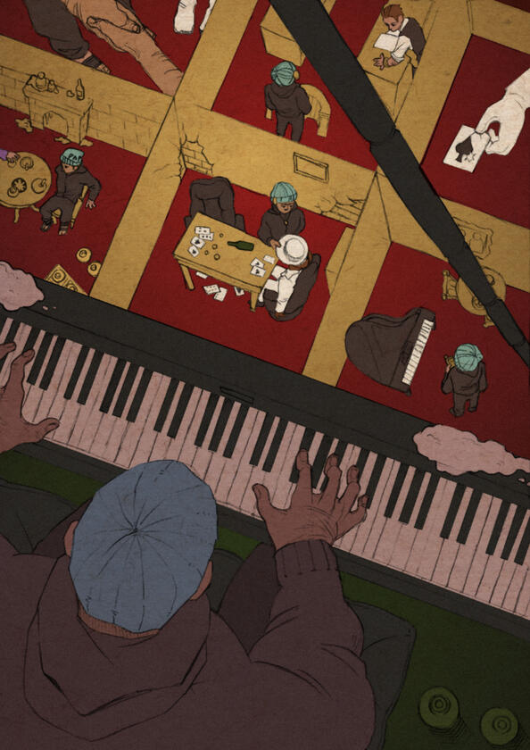 A pencil illustration that's been digitally colored. The viewer has a bird's eye view of Phoenix Wright, dressed in a grey hoodie, sweats, and a blue beanie, leaned over playing the piano. There is some snow on the piano, and next to him are two wine bottl