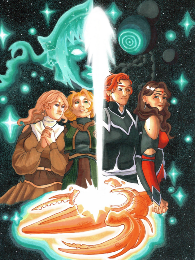 A marker illustration featuring (from left to right) Mercedes, Ingrid, Sylvain, and Dorothea from Fire Emblem Three Houses. They all wear sci-fi inspired outfits. Beneath them is a ship in the shape of the Lance of Ruin. A bean of light engulfs through the