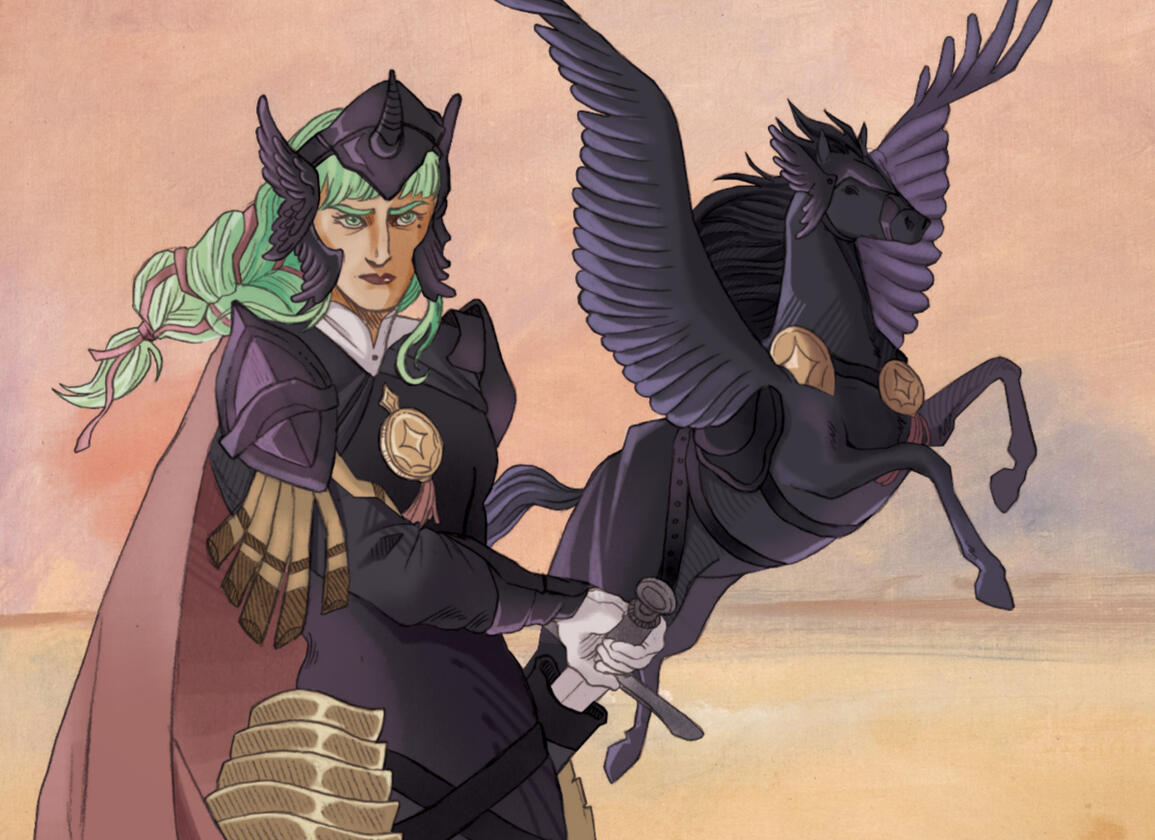 A digital illustration of an armored woman drawing a sword. She is wearing a metal head piece that has a horn and wings. She has green bangs, and her thick braid blows in the wind behind her. She has a pink cape, a dark grey outfit, black armor, and gold a