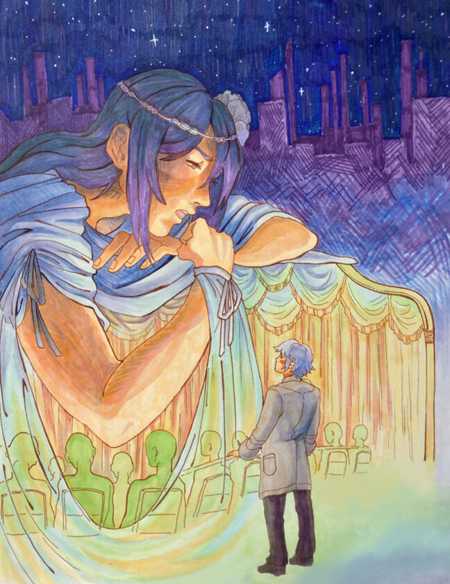 A pen and marker drawing of the characters Eve & Shion from No. 6. Eve leans over the theatre, looking at an enraptured Shion. A skyline and night sky are behind them.