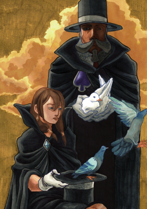 A marker drawing of young Thalassa and Magnifi Gramarye.