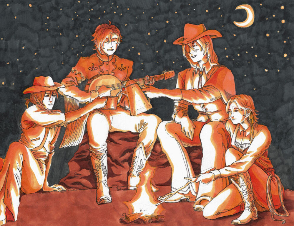 A marker drawing of Felix, Sylvain, Dimitri, and Ingrid from Fire Emblem Three Houses dressed as cowboys and sitting around the campfire.