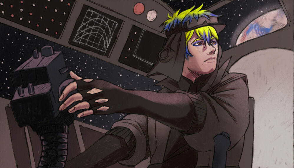 An original character, a white man in his 20s with neon yellow hair, blue tips, and light blue makeup. He is operating a spaceship, and looking behind him at a planet.